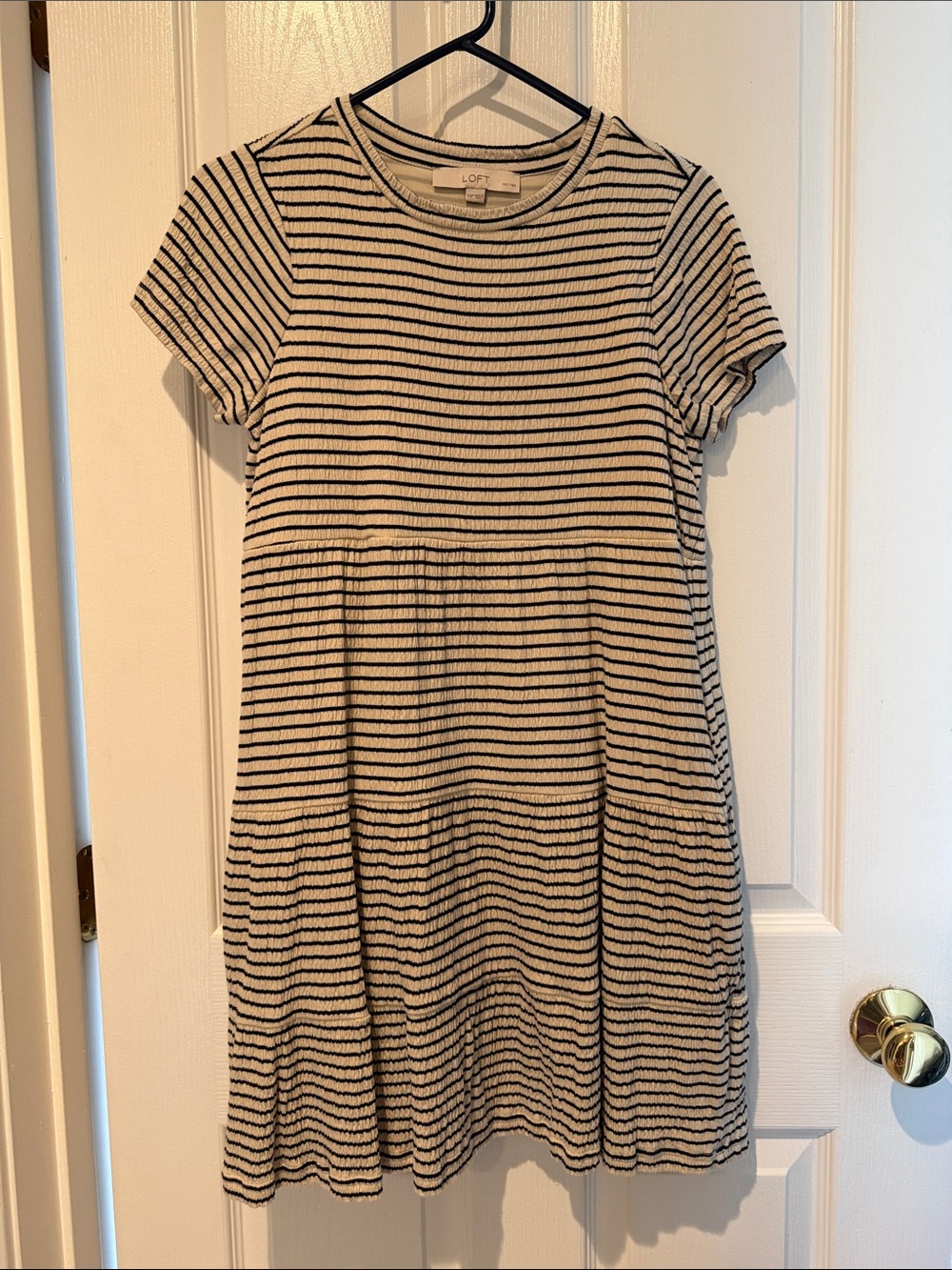 LOFT Cream and Black Striped Short-Sleeve Knit Dress